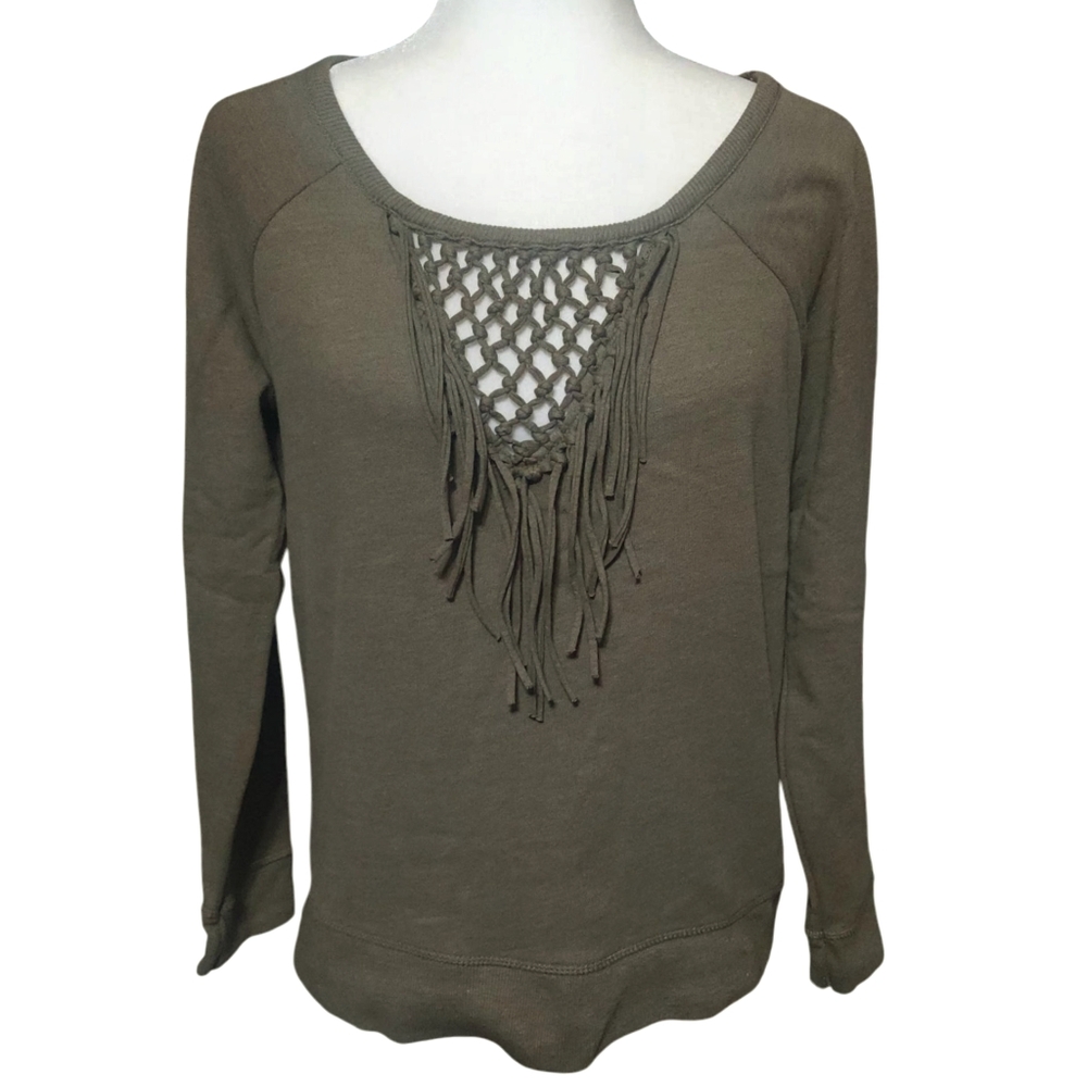 American Eagle Olive Green Crochet Fringe Neckline Sweater Size Medium